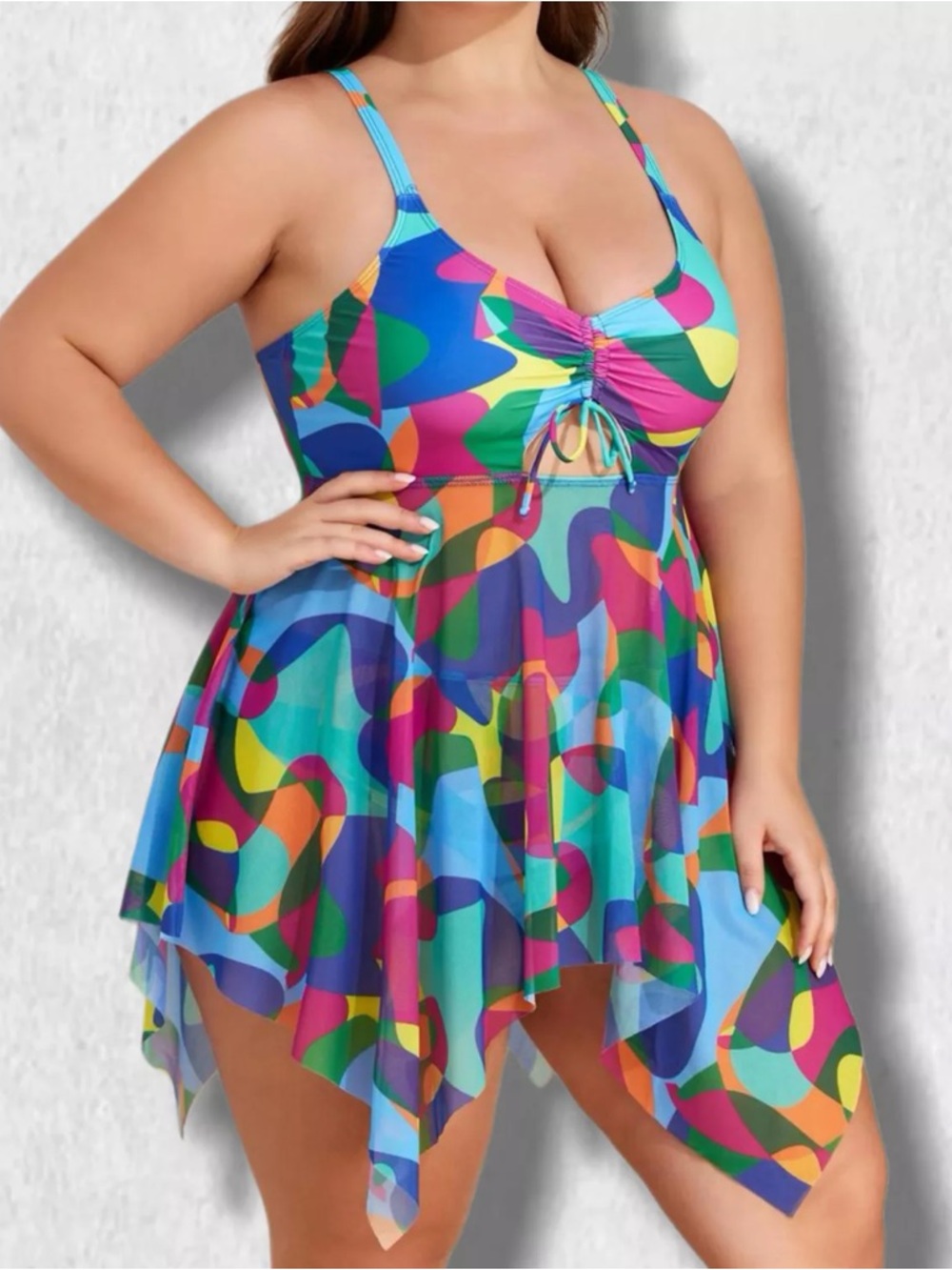 Plus-Size Two-Piece Swimdress in Multicolor Abstract Print